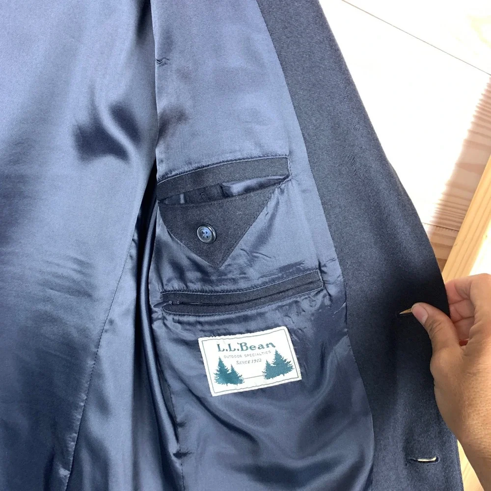 L.L. Bean Blazer Mens 38-REG Navy Blue Wool Cashmere Suede Elbow Patch
